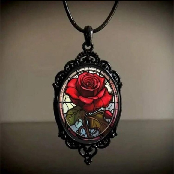 Elegant Red Rose in Vintage Black Frame Pendant Necklace - Picture 1 of 5